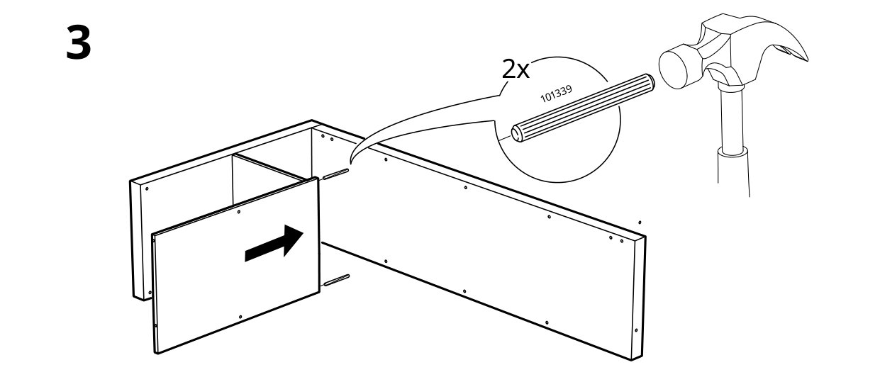 A wordless drawing: two dowels and a panel, with an arrow